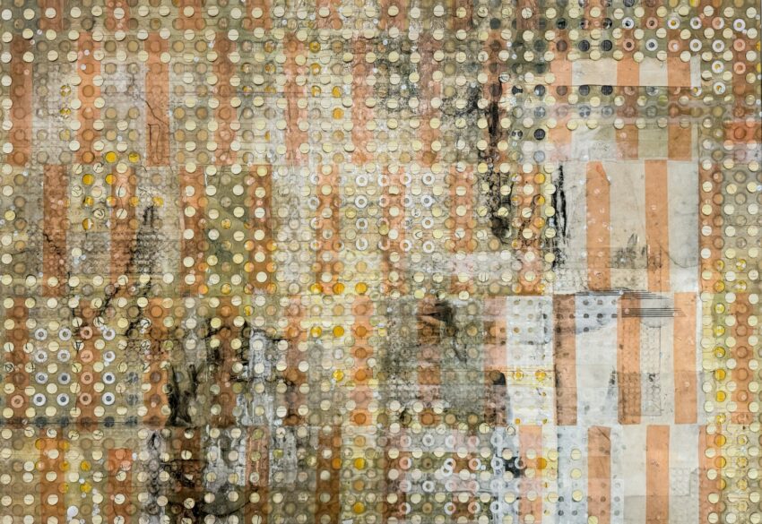 A series of coins are overlaid on paper that blends the colors orange, white, brown, gold, and black.